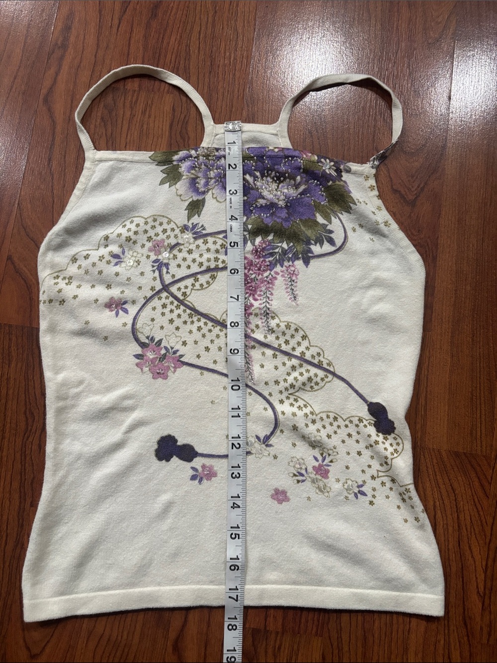 Y2K extremely rare Cream Floral Strappy Tank Top w/ Bead & Sequin Accent | Small - Picture 6 of 7